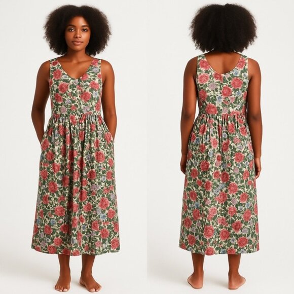 Vintage CarolArt Designs 100% Cotton Floral Garden Midi Dress - Picture 1 of 10